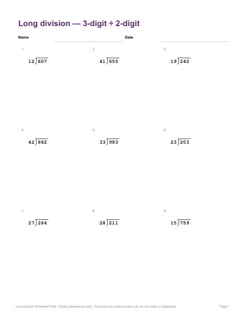 Preview of the first page of Level 5: 3-digit ÷ 2-digit (PDF)