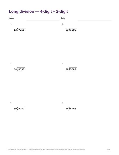 Preview of the first page of Level 6: 4-digit ÷ 2-digit (PDF)