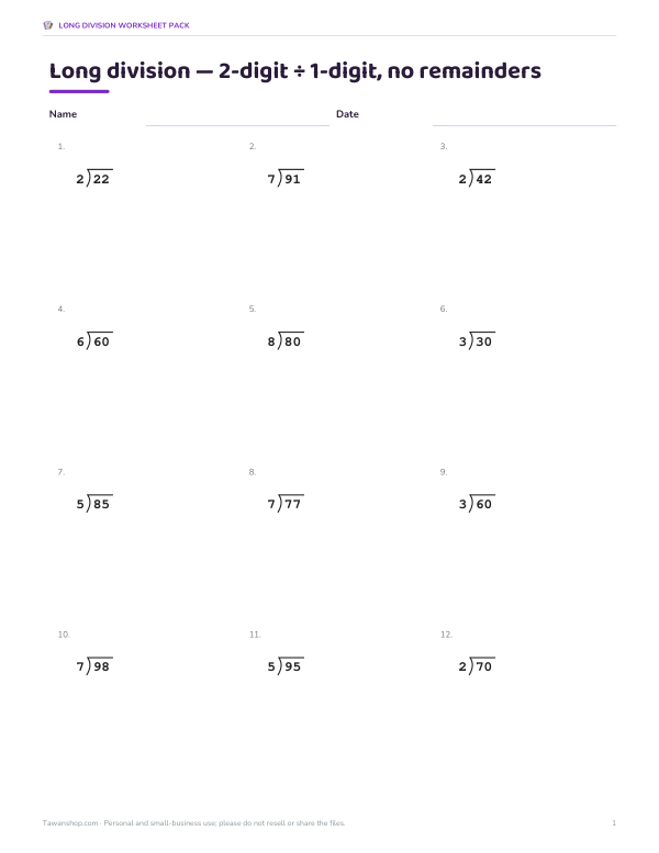 Preview of Printable Long Division Worksheet