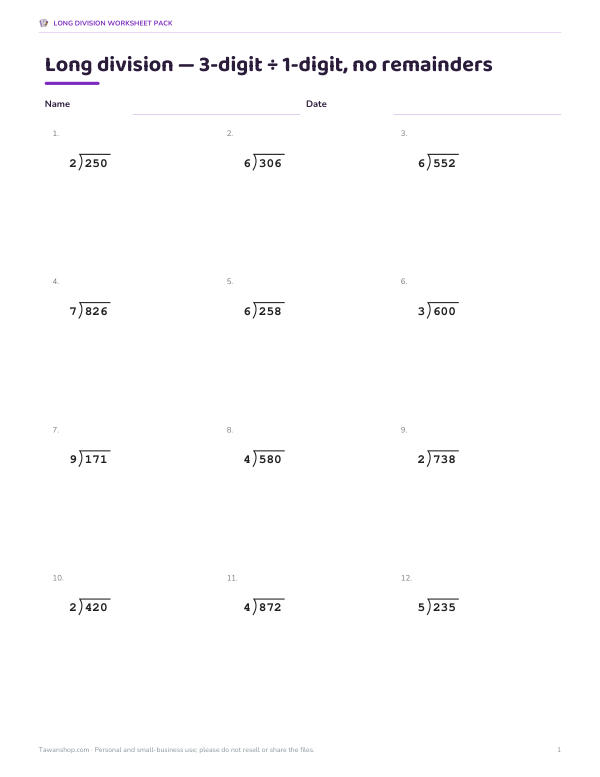 Preview of Printable Long Division Worksheet