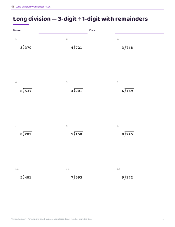 Preview of Printable Long Division Worksheet