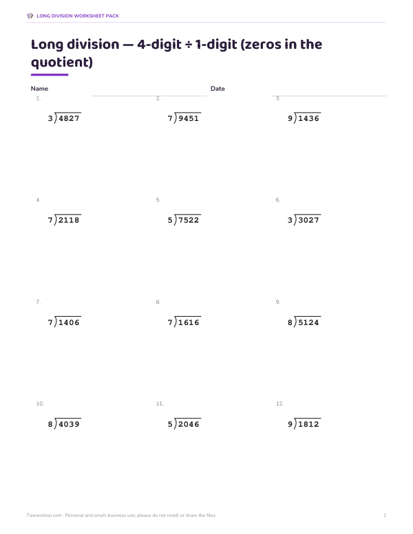 Preview of 4-Digit by 1-Digit Long Division Sheet
