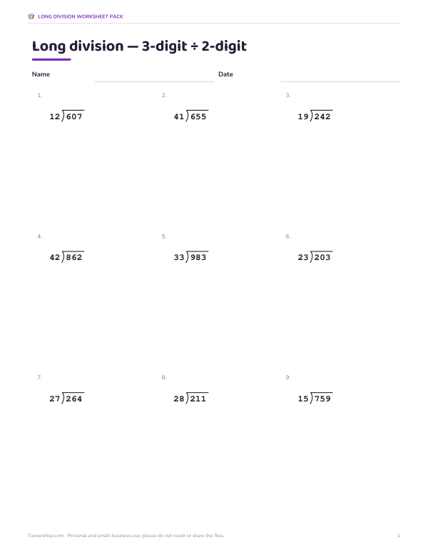 Preview of Printable 3-Digit by 2-Digit Long Division Sheet