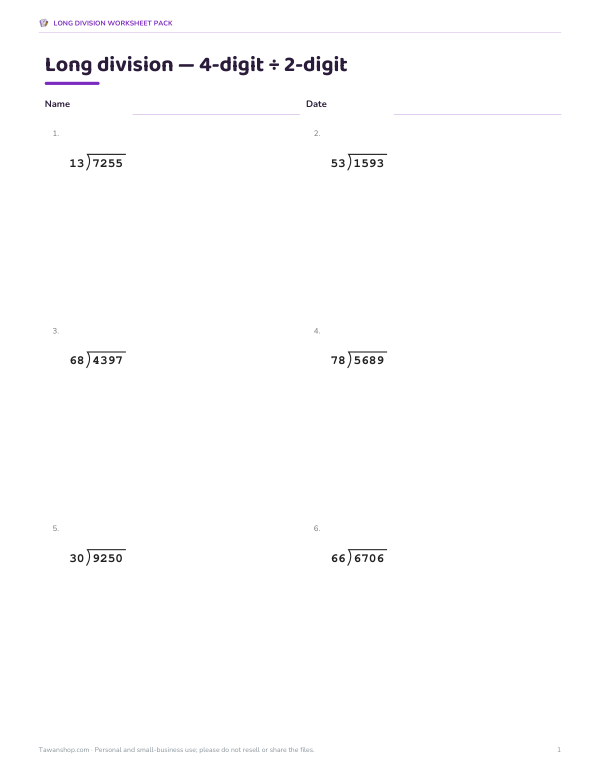 Preview of Printable 4-Digit by 2-Digit Long Division Sheet