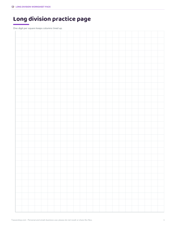 Preview of Printable Long Division Practice Sheet